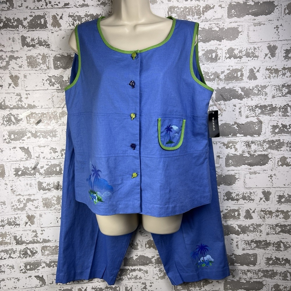 Sag Harbor 2 Pc Set 14P Capris Pants Blue Lime Green Palm Trees Buttons Beach - Picture 2 of 16